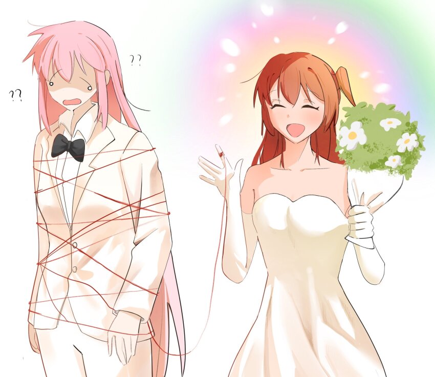 2girls ? ?? bare_shoulders black_bow black_bowtie bocchi_the_rock! bouquet bow bowtie bride c3444767 closed_eyes collarbone collared_shirt commentary dress elbow_gloves female_focus flower formal_clothes gloves gotoh_hitori groom hand_up hashtag-only_commentary highres holding holding_bouquet kita_ikuyo multiple_girls neck one_side_up open_mouth pants rainbow red_hair shirt simple_background smile strapless strapless_dress string string_of_fate suit wedding_dress white_background white_dress white_flower white_gloves white_pants white_shirt white_suit wife_and_wife yuri