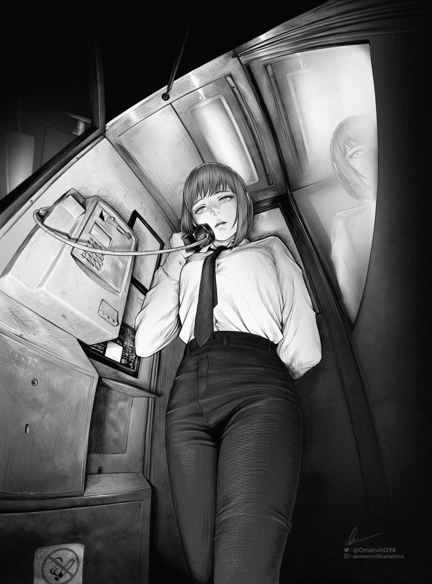1girl absurdres black_necktie black_pants business_suit chainsaw_man collared_shirt formal_clothes high-waist_pants highres holding holding_phone legs_together long_hair long_sleeves looking_at_viewer makima_(chainsaw_man) marvin_(omarvin) monochrome necktie office_lady pants payphone phone phone_booth ringed_eyes shirt shirt_tucked_in sidelocks solo standing suit white_shirt