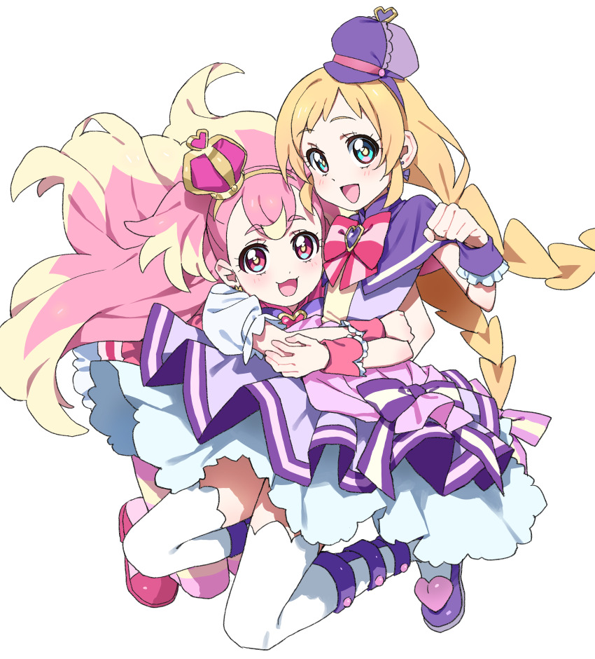 2girls :d absurdres arched_crown blonde_hair blue_eyes bow bowtie braid cabbie_hat cure_friendy cure_wonderful double-parted_bangs dress frilled_wrist_cuffs frills full_body hat heart highres hiji_rida hug inukai_iroha inukai_komugi layered_dress light_blush long_hair looking_at_viewer multiple_girls open_mouth pink_bow pink_eyes pink_hair pink_shoes precure purple_bow purple_dress purple_hat shoes short_bangs short_dress short_sleeves simple_background smile squatting striped_bow thighhighs twin_braids white_background white_thighhighs wonderful_precure! wrist_cuffs zettai_ryouiki