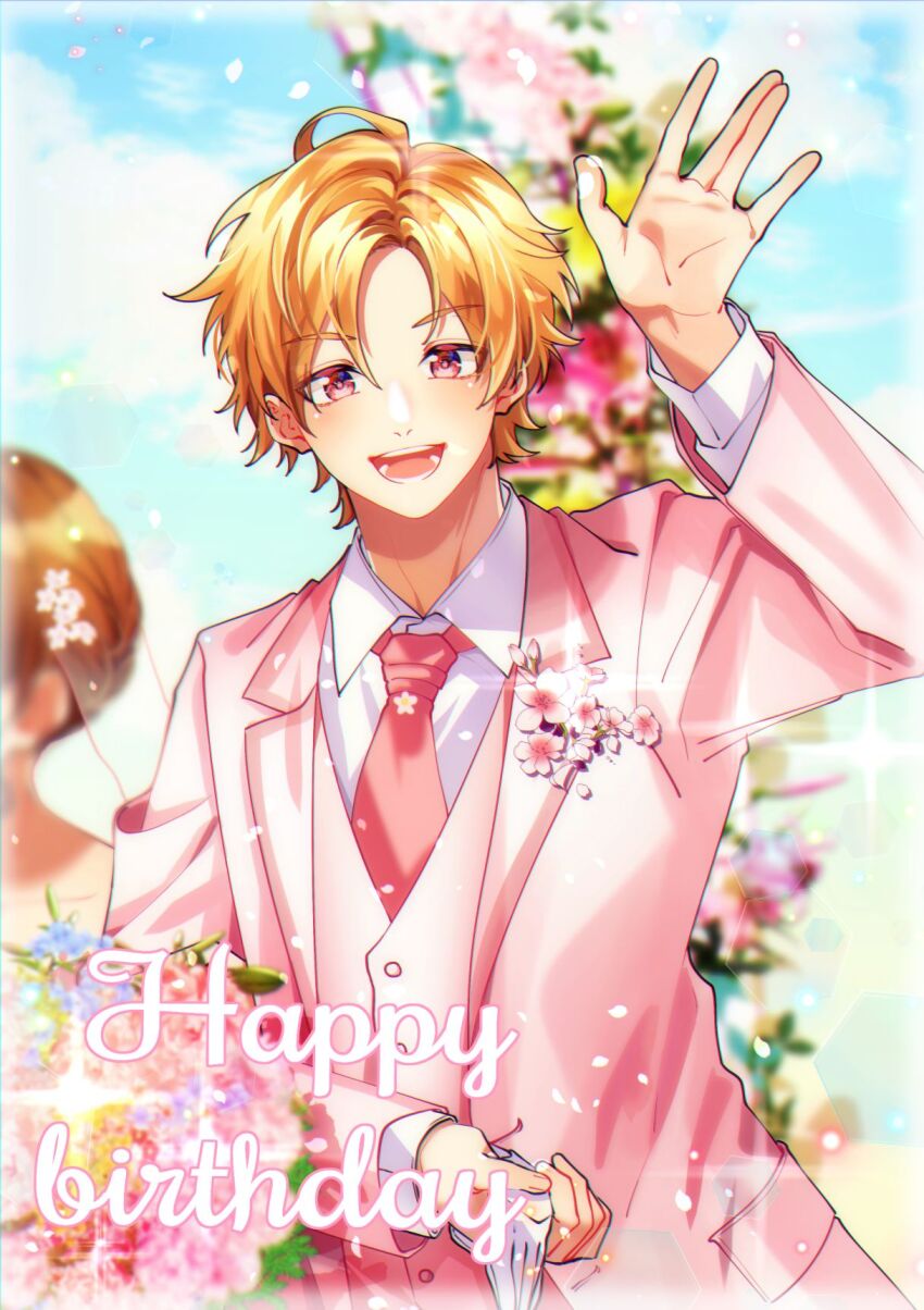 1boy 1girl :d aida_miou arm_up blurry blurry_background bridal_veil brown_hair collared_shirt commentary_request couple day dress_shirt flower formal_clothes groom highres jacket kokuhaku_jikkou_iinkai lapels long_sleeves looking_at_viewer male_focus necktie notched_lapels open_mouth out_of_frame outdoors parted_hair pink_eyes pink_flower pink_necktie pink_suit pink_vest serizawa_haruki shirt short_hair smile solo_focus sophia_pie_12 suit suit_jacket teeth veil vest waistcoat waving white_shirt