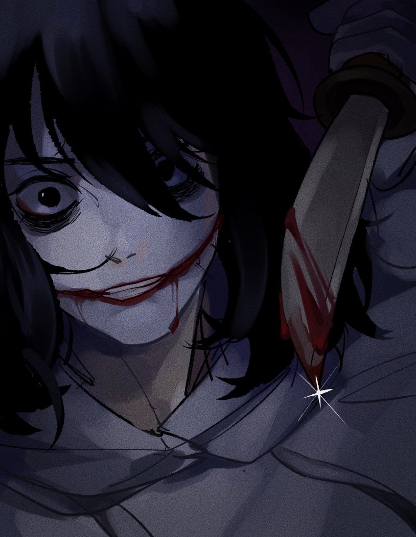 1boy bags_under_eyes black_eyes black_hair blood blood_on_face bloody_weapon commentary_request creepypasta erguangzi glasgow_smile glint grey_hoodie hair_between_eyes highres holding holding_knife hood hood_down hoodie jeff_the_killer knife long_sleeves looking_at_viewer male_focus medium_hair solo weapon white_facepaint