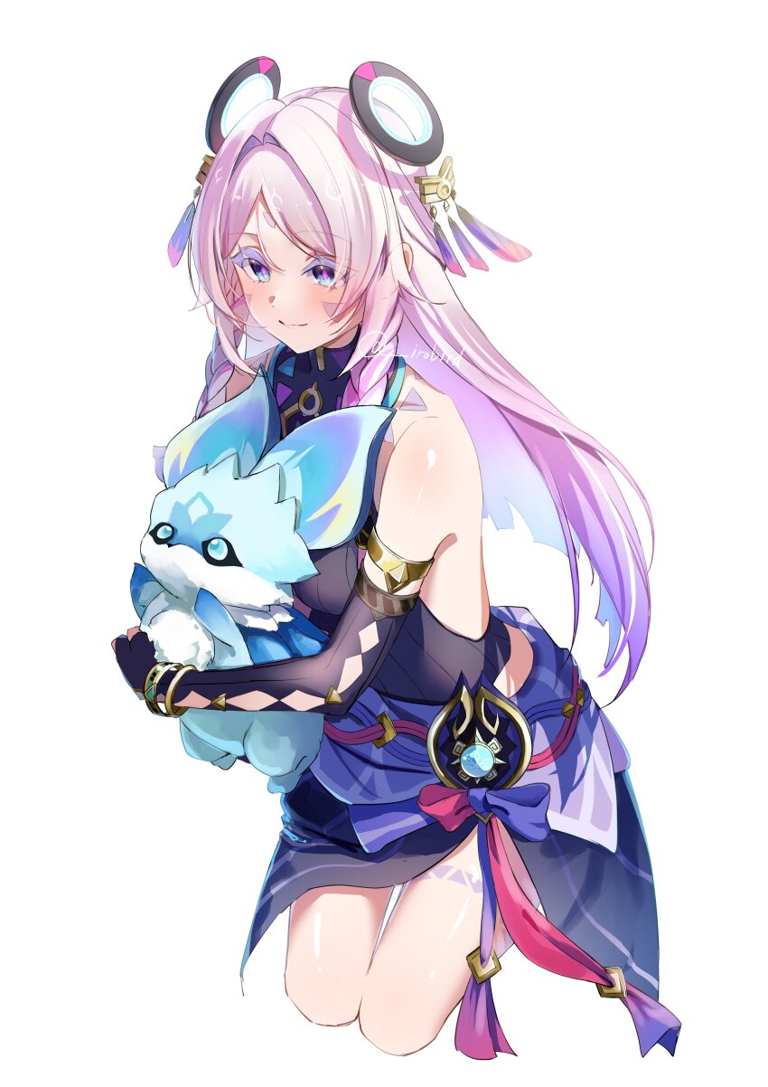 1girl absurdres animal bare_shoulders black_gloves blue_eyes blue_gemstone blush braid breasts citlali_(genshin_impact) closed_mouth commentary commentary_typo cropped_legs facial_mark fingerless_gloves floating_headgear forehead_mark gem genshin_impact gloves hashtag-only_commentary headgear highres holding holding_animal iktomisaurus_(genshin_impact) irobird long_hair looking_at_viewer medium_breasts multicolored_hair pink_hair pink_pupils purple_hair simple_background sleeveless_turtleneck_leotard smile solo triangle triangle_facial_mark twin_braids twitter_username very_long_hair white_background
