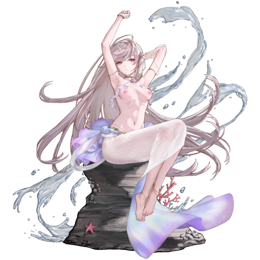 1girl armpits barefoot barnacle bikini bracelet breasts coral dress earrings emily_(last_origin) frilled_bikini_top frills full_body gem gold_anklet gold_armlet gold_bracelet gold_collar highres iridescent jewelry last_origin legs_together linea_alba long_dress long_hair mel_(dodosae) mermaid_costume mermaid_dress multiple_anklets navel nipples non-web_source official_alternate_costume official_art pink_hair purple_eyes purple_gemstone rock scale_print shell_hair_ornament simple_background sitting skirt small_breasts solo starfish_hair_ornament stretching swimsuit tachi-e transparent_background two-tone_skirt very_long_hair water white_bikini white_skirt