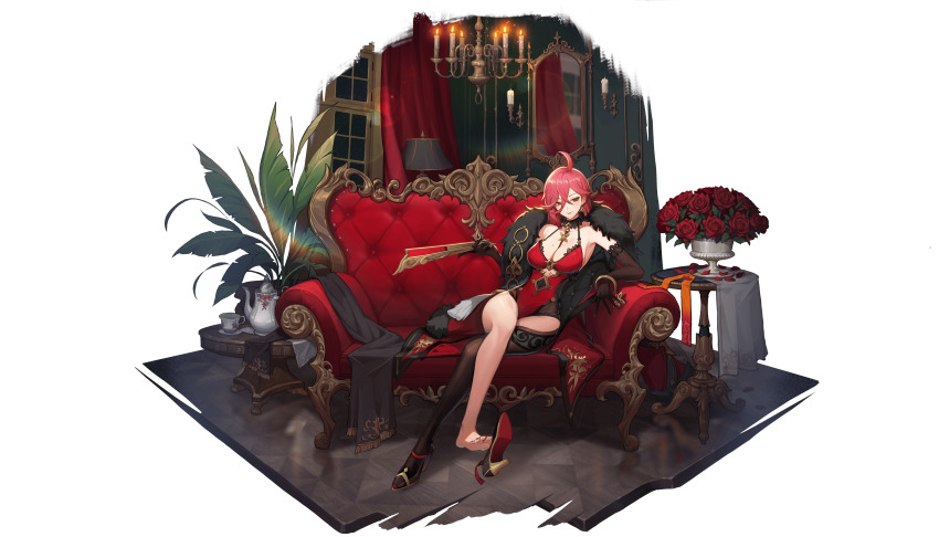 1girl absurdres ahoge artnis_(rememento) bare_shoulders barefoot black_gloves black_shoes black_thighhighs border bracelet breasts closed_mouth couch crossed_legs cup curtains dress earrings elbow_gloves feather_boa flower folded_fan folding_fan full_body gloves hair_between_eyes hand_fan hanging_light highres holding holding_fan indoors jewelry large_breasts looking_at_viewer medium_dress mirror night night_sky official_art pelvic_curtain plant potted_plant red_dress red_eyes red_flower red_hair red_rose rememento:_white_shadow rose round_table shoe_dangle shoes short_hair single_bare_leg single_shoe single_thighhigh sitting sky sleeveless sleeveless_dress smile solo spaghetti_strap table teacup teapot thighhighs transparent_border unworn_shoes window