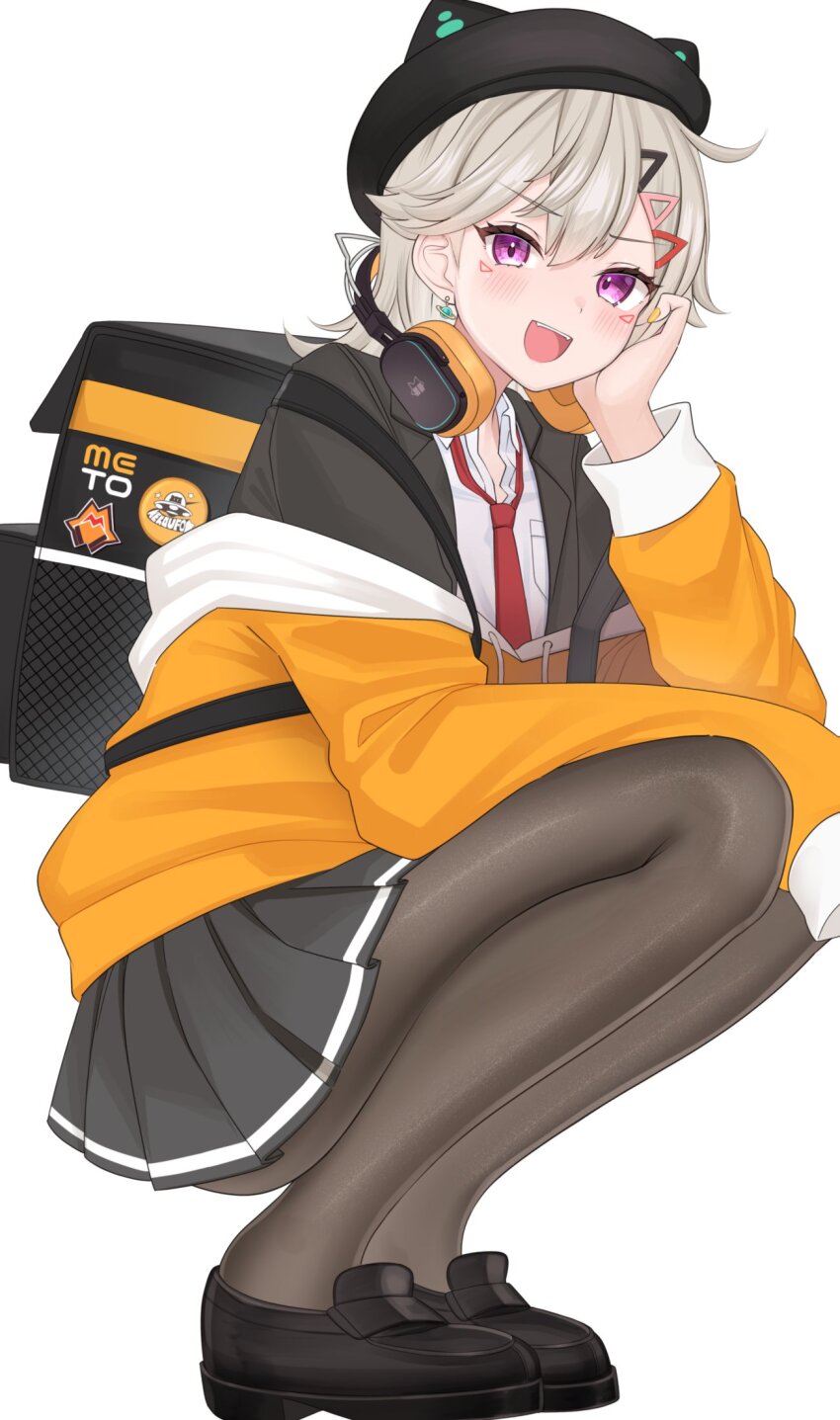 1girl animal_hat backpack bag black_bag black_hat black_pantyhose black_shoes black_skirt blazer blonde_hair blush cat_hat commentary earrings facial_mark full_body hair_ornament hairclip hand_on_own_cheek hand_on_own_face hashtag-only_commentary hat head_rest headphones headphones_around_neck highres hood hoodie jacket jewelry komori_met looking_at_viewer necktie off_shoulder open_mouth orange_eyes orange_hoodie pantyhose red_necktie shirt shoes simple_background skirt solo squatting teeth tojo_aoi upper_teeth_only virtual_youtuber vspo! white_background white_shirt