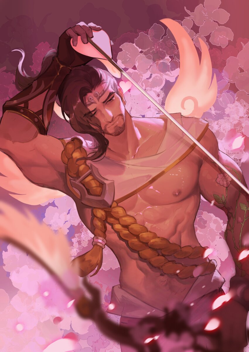 1boy absurdres angel_wings arrow_(projectile) asian bara beard brown_hair cowboy_shot cupid_hanzo dutch_angle facial_hair hanzo_(overwatch) highres large_pectorals luna-9 male_focus muscular muscular_male official_alternate_costume overwatch pectorals petals short_hair smile solo thick_eyebrows tiara underpec valentine wings