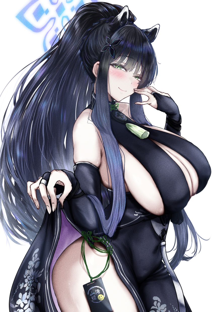 1girl animal_ears bare_shoulders black_hair blue_archive breasts china_dress chinese_clothes cleavage cleavage_cutout closed_mouth clothes_lift clothing_cutout dress elbow_gloves extra_ears fingerless_gloves gloves green_eyes highres jaguar_ears jaguar_girl kobazakura_mikoto large_breasts long_hair looking_at_viewer ponytail shun_(blue_archive) sideboob sidelocks skirt skirt_lift sleeveless sleeveless_dress smile solo