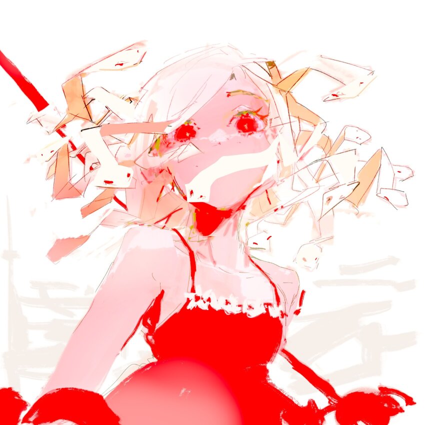 1girl albino bare_shoulders breasts collarbone commentary dress english_commentary god_nadeko highres living_hair long_hair looking_at_viewer monogatari_(series) otorimonogatari red_dress red_eyes sengoku_nadeko simple_background sleeveless small_breasts snake snake_hair solo synibread unfinished upper_body white_background white_hair white_snake