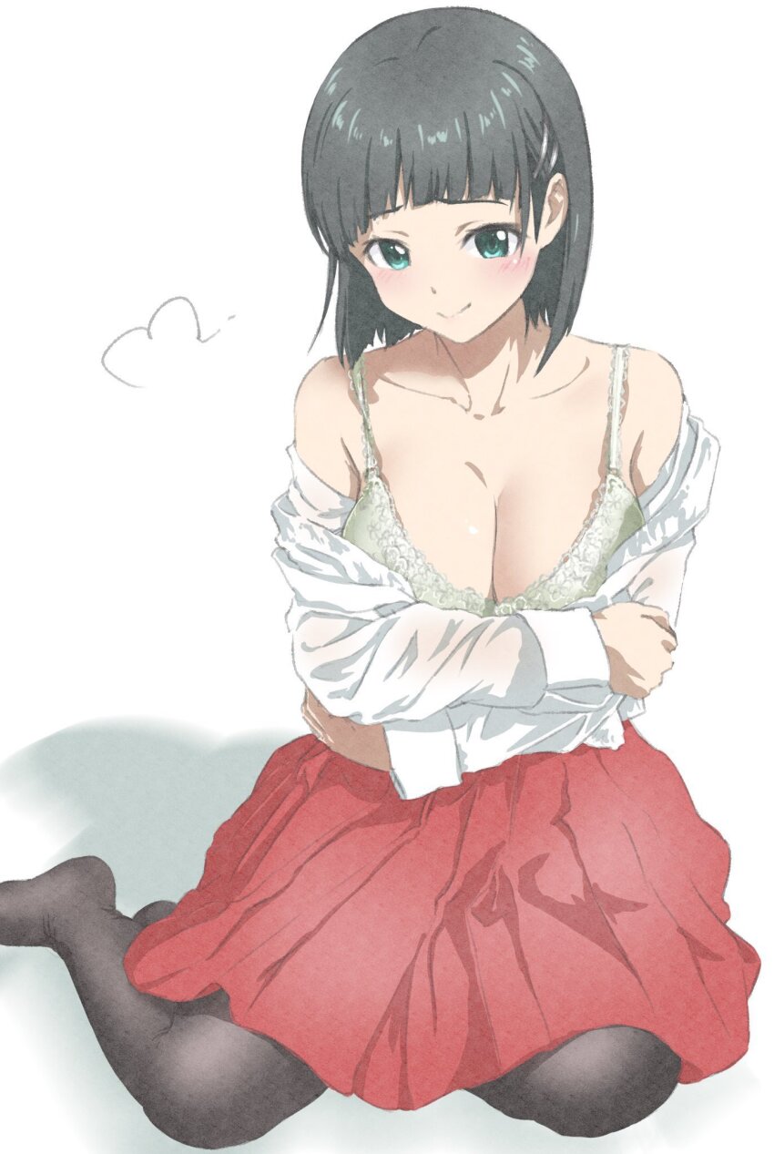 1girl black_hair black_pantyhose blunt_bangs bob_cut bra breasts cleavage closed_mouth collarbone commentary_request green_eyes hair_ornament hairclip hakama hakama_skirt highres japanese_clothes kirigaya_suguha large_breasts long_sleeves looking_at_viewer mitsugu off_shoulder pantyhose red_skirt shirt short_hair sitting skirt smile solo sword_art_online underwear white_background white_shirt yokozuwari