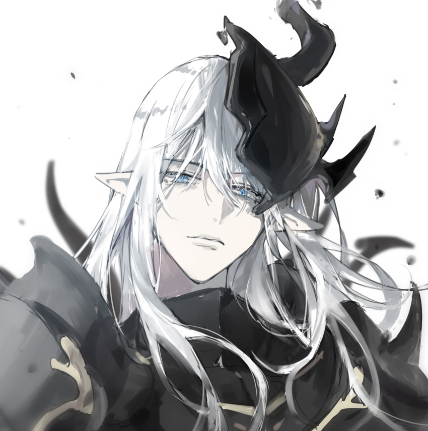 1boy armor black_armor black_helmet chinese_commentary commentary elezen elf estinien_varlineau fake_horns final_fantasy final_fantasy_xiv gold_trim hair_between_eyes helmet highres horned_helmet horns long_hair looking_at_viewer male_focus pauldrons pointy_ears shengxianxiaoyupian shoulder_armor simple_background solo spiked_armor upper_body white_background white_hair