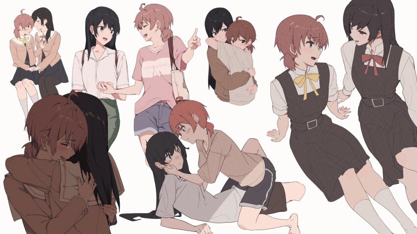 2girls black_dress black_hair black_pantyhose black_shorts black_socks blush bow bowtie brown_shirt closed_eyes closed_mouth collared_shirt commentary_request dress grey_shorts hand_on_another&#039;s_face highres holding_hands hug kneehighs koito_yuu lie_lack1080 long_hair long_sleeves looking_at_another multiple_girls nanami_touko open_mouth orange_hair pantyhose pinafore_dress pink_shirt red_bow red_bowtie sailor_collar school_uniform shirt short_twintails shorts simple_background sitting sleeveless sleeveless_dress smile socks straddling twintails white_background white_sailor_collar white_shirt white_socks yagate_kimi_ni_naru yellow_bow yellow_bowtie yuri