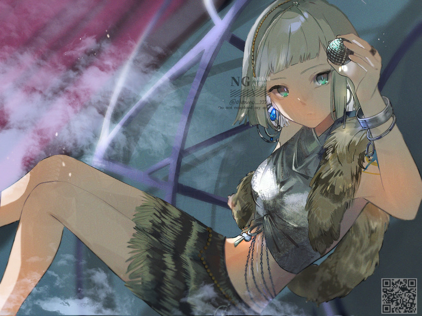 1girl :/ akanoao_wawawa aqua_eyes arm_up ball bare_arms bare_legs bare_shoulders black_skirt blunt_bangs blunt_ends blurry blurry_background bracelet disco_ball earrings feet_out_of_frame grey_hair grey_tank_top hand_up holding holding_ball jewelry looking_at_viewer mercuria_(reverse:1999) midriff miniskirt qr_code reverse:1999 short_hair shoulder_tattoo sitting skirt smoke solo tank_top tattoo truss watermark
