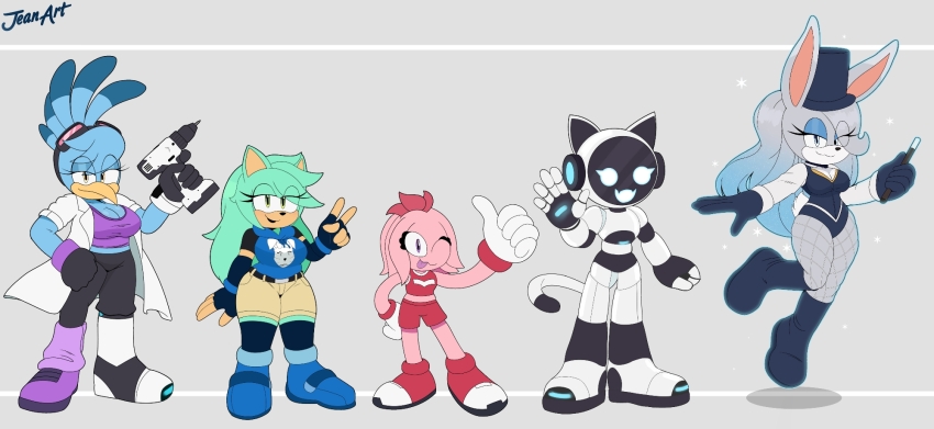 5girls artist_name axolotl_girl bird commentary eagle english_commentary gloves goggles goggles_on_head hand_on_own_hip hat hedgehog_girl highres holding holding_power_drill holding_wand jeanartoficial long_hair mechanical_arms mechanical_legs multiple_girls original rabbit_girl robot_girl sonic_(series) tail thumbs_up top_hat v very_long_hair wand