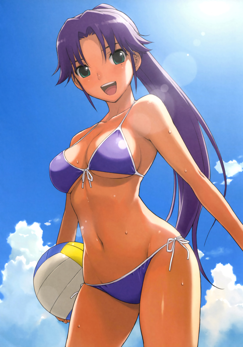 1girl :d absurdres asuka_(dream_c_club_zero) ball beachball bikini blue_bikini blue_sky breasts carrying carrying_under_arm cleavage contrapposto cowboy_shot day dream_c_club dream_c_club_(series) dream_c_club_zero dutch_angle female_focus from_below front-tie_bikini_top front-tie_top green_eyes groin halterneck highres large_breasts lens_flare long_hair mole mole_under_eye morisawa_haruyuki navel open_mouth outdoors ponytail purple_hair scan side-tie_bikini_bottom sidelocks sky smile solo standing string_bikini swimsuit teeth underboob upper_teeth_only volleyball volleyball_(object) wet