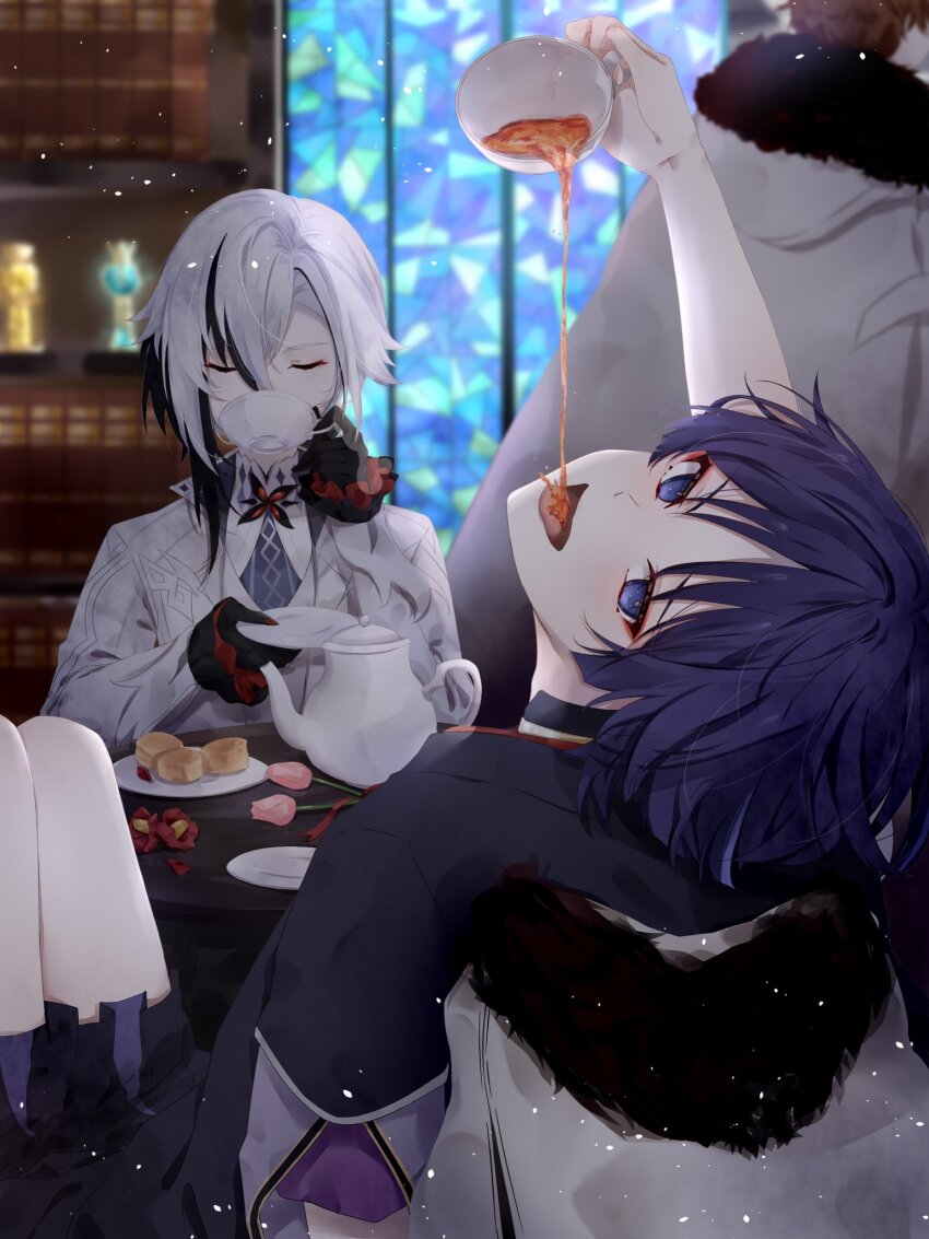 1girl 2boys arlecchino_(genshin_impact) arm_at_side arm_up black_hair black_kimono black_shorts black_sleeves blunt_ends bookshelf brown_hair closed_eyes coat cup drinking eyelashes eyeliner eyeshadow fatui_coat flower food fur_collar genshin_impact gnosis_(genshin_impact) hair_between_eyes head_tilt highres holding holding_cup holding_plate indoors jacket japanese_clothes kima_gure_k kimono knees_up layered_sleeves long_sleeves looking_at_another looking_back makeup multicolored_hair multiple_boys open_mouth pink_flower plate purple_eyes purple_hair purple_sleeves rainbow_rose_(genshin_impact) red_eyeliner red_eyeshadow red_flower red_sleeve_cuffs scaramouche_(genshin_impact) short_hair short_sleeves shorts sitting stained_glass streaked_hair tartaglia_(genshin_impact) tea teacup tongue unworn_coat white_coat white_hair white_jacket white_sleeves white_trim winter_clothes winter_coat
