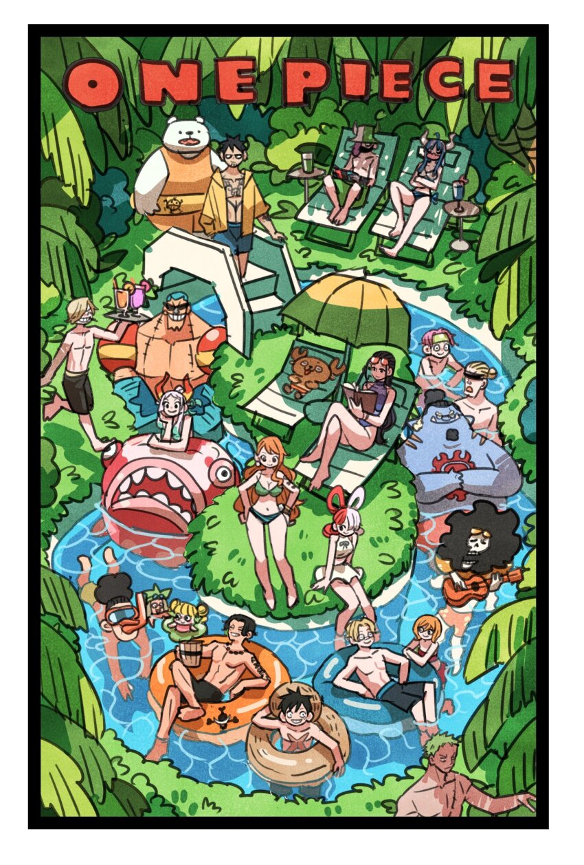 6+boys 6+girls afro antlers arm_tattoo bear bepo_(one_piece) bikini black_hair blonde_hair blue_hair blue_skin book brook_(one_piece) brother_and_sister buzz_cut chest_tattoo colored_skin commentary_request copyright_name cup eyewear_on_head fish franky_(one_piece) from_above full_body green_hair guitar hair_over_one_eye hat heart_pirates_jolly_roger helmeppo highres holding holding_book holding_cup holding_guitar holding_instrument horns innertube instrument jinbe_(one_piece) jolly_roger koala_(one_piece) koby_(one_piece) leo_(one_piece) long_hair mansherry monkey_d._luffy multiple_boys multiple_girls nami_(one_piece) nico_robin one_piece orange_hair page_one_(one_piece) pink_hair ponytail portgas_d._ace purple_hair red_hair reindeer_antlers roronoa_zoro sabo_(one_piece) sanji_(one_piece) scar scar_on_chest short_hair siblings straw_hat sunglasses swim_ring swimsuit takeuchi_ryousuke tattoo tony_tony_chopper trafalgar_law ulti_(one_piece) usopp uta_(one_piece) very_short_hair white_hair whitebeard_pirates_jolly_roger yamato_(one_piece)