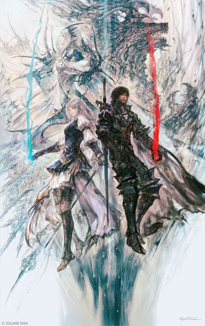 1boy 1girl absurdres armor back-to-back black_hair cape clive_rosfield final_fantasy final_fantasy_xvi glowing glowing_hand grey_hair highres holding holding_sword holding_weapon ifrit_(final_fantasy) jill_warrick official_art promotional_art shiva_(final_fantasy) sword takahashi_kazuya weapon weapon_on_back