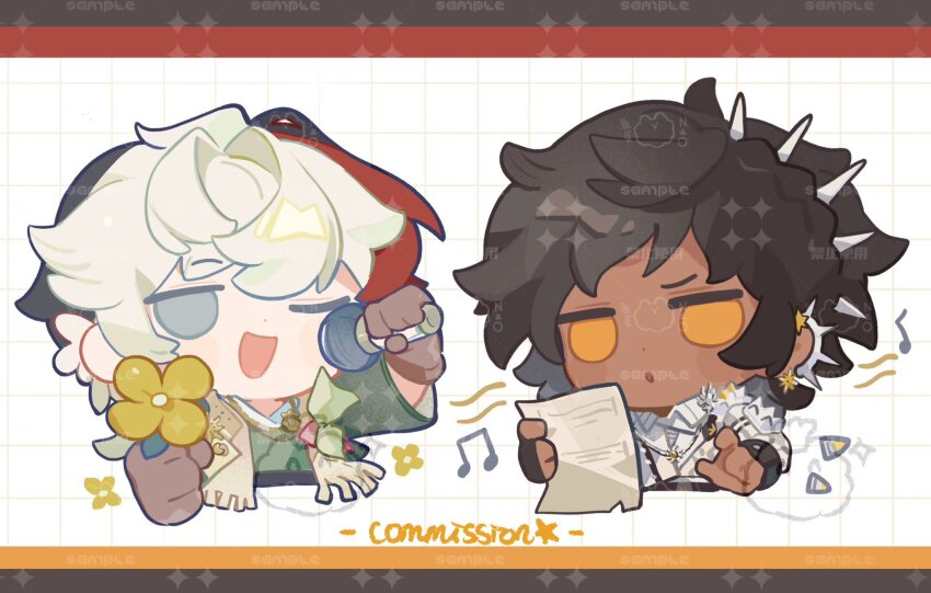 2boys :o arknights black_gloves black_hair blue_eyes brown_scarf chibi chinese_commentary commentary_request commission cropped_torso elysium_(arknights) flower gloves green_shirt highres holding holding_flower holding_microphone holding_paper letterboxed looking_at_viewer male_focus microphone multicolored_hair multiple_boys musical_note nitrogen_owo one_eye_closed open_mouth paper red_hair scarf shirt smile thorns_(arknights) thorns_the_lodestar_(arknights) upper_body watermark white_hair white_shirt yellow_eyes