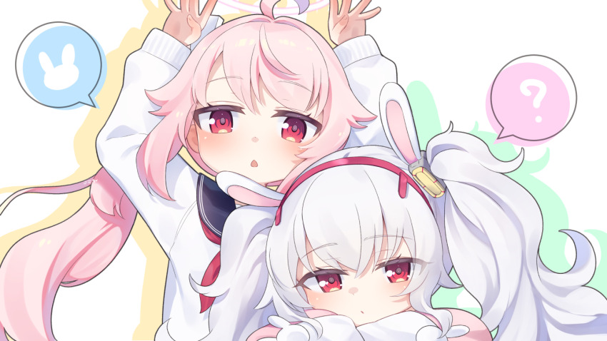 2girls ? ahoge animal_ears arms_up artist_name azur_lane blue_archive blue_sailor_collar blush cardigan commentary_request fake_animal_ears hairband kokone_(coconeeeco) laffey_(azur_lane) long_hair making-of_available multiple_girls naganawa_maria natsu_(blue_archive) neckerchief paid_reward_available parted_lips pink_eyes pink_hair pink_hairband pink_neckerchief rabbit_ears rabbit_pose sailor_collar side_ponytail speech_bubble spoken_animal spoken_question_mark twintails upper_body voice_actor_connection white_cardigan white_hair
