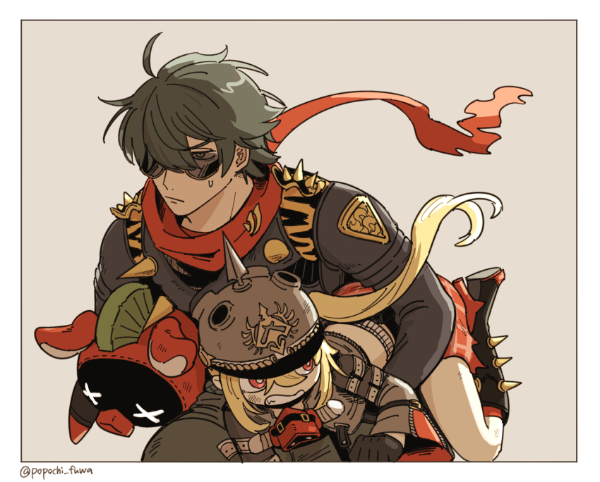 1boy 1girl ahoge artist_name bangboo_(zenless_zone_zero) black_boots black_gloves black_jacket blonde_hair boots border brown_background carrying carrying_person clenched_teeth closed_mouth combat_helmet commentary_request cropped_jacket floating_hair gloves green_eyes green_hair green_pants grey_helmet grey_jacket hair_between_eyes hair_over_one_eye helmet high_heel_boots high_heels highres jacket leather leather_jacket lighter_(zenless_zone_zero) long_hair long_sleeves luciana_de_montefio mask mohawk one_eye_covered pants parted_bangs pickelhaube popochi_fuwa red_eyes red_moccus_(zenless_zone_zero) red_scarf respirator scarf serious short_hair side_ponytail sidelocks spiked_jacket spikes sunglasses sweatdrop teeth torn_clothes torn_scarf twitter_username v-shaped_eyebrows white_border x_x zenless_zone_zero