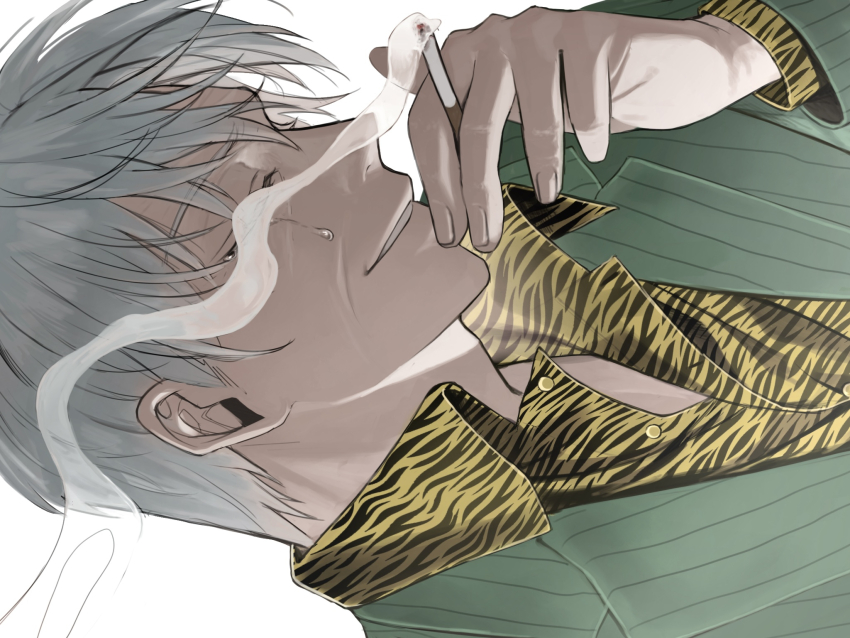 1boy akagi_shigeru animal_print blazer cigarette closed_eyes commentary_request crying fukumoto_mahjong green_jacket grey_hair grin highres holding holding_cigarette jacket male_focus niwatori_panda old old_man print_shirt shirt short_hair sideways simple_background smile smoke smoking solo ten_(manga) tiger_print upper_body white_background