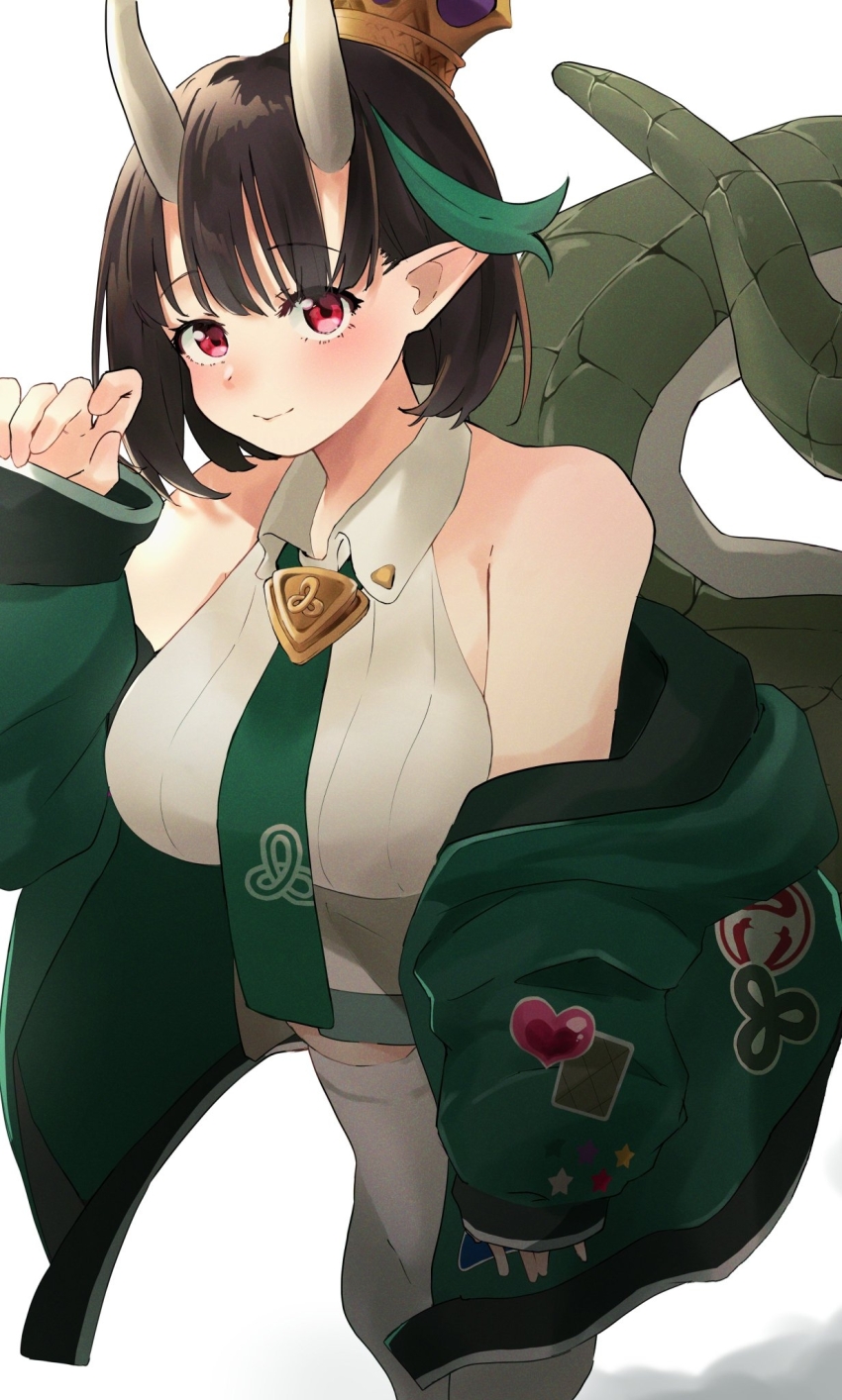 1girl bare_shoulders biscione_(fate) biscione_(second_ascension)_(fate) black_hair blush breasts collared_dress crown dragon_girl dragon_tail dress fate/grand_order fate_(series) green_jacket highres horns jacket large_breasts long_sleeves looking_at_viewer mini_crown multicolored_hair necktie off_shoulder open_clothes pointy_ears red_eyes short_dress short_hair smile solo streaked_hair tail thighhighs thighs umeboshi_disk white_dress white_thighhighs