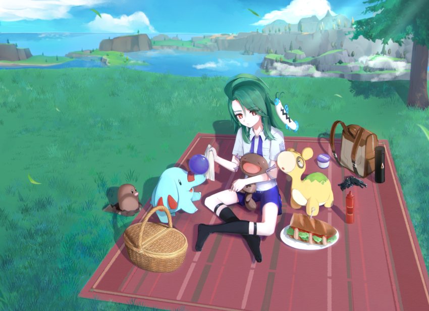 1girl aged_down ahoge backpack bag ball barboach black_socks bright_pupils closed_mouth cloud collared_shirt commentary_request day diglett food gen_1_pokemon gen_2_pokemon gen_3_pokemon gloves grass green_hair holding ketchup_bottle long_hair looking_down necktie nintendo numel outdoors paldean_wooper phanpy picnic_basket plate pokemon pokemon_(creature) pokemon_sv purple_necktie purple_shorts red_eyes rika_(pokemon) sandwich school_uniform shirt shorts sky socks thermos tree umi_usagi_(srusumi23) undone_necktie unworn_backpack unworn_bag unworn_gloves white_pupils white_shirt