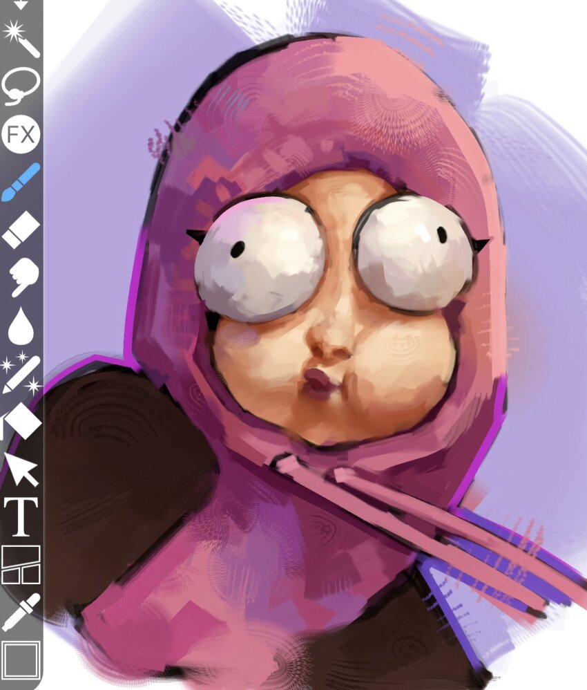 1girl asphyxiation choking_on_object hashtag-only_commentary highres hood hood_up hoodie kpop_demon_hunters leaning_to_the_side long_sleeves pink_hoodie puffy_cheeks rumi_(kpop_demon_hunters) shade solo tan unfinished upper_body wide-eyed yanibrx