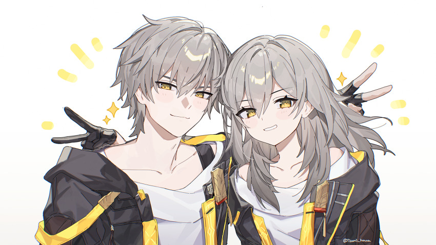 1boy 1girl black_gloves black_jacket caelus_(honkai:_star_rail) closed_mouth collarbone dual_persona funa_(sakana) gloves grey_hair grin half_gloves highres honkai:_star_rail honkai_(series) jacket long_hair looking_at_viewer shirt short_hair sidelocks smile stelle_(honkai:_star_rail) teeth trailblazer_(honkai:_star_rail) upper_body v white_shirt yellow_eyes