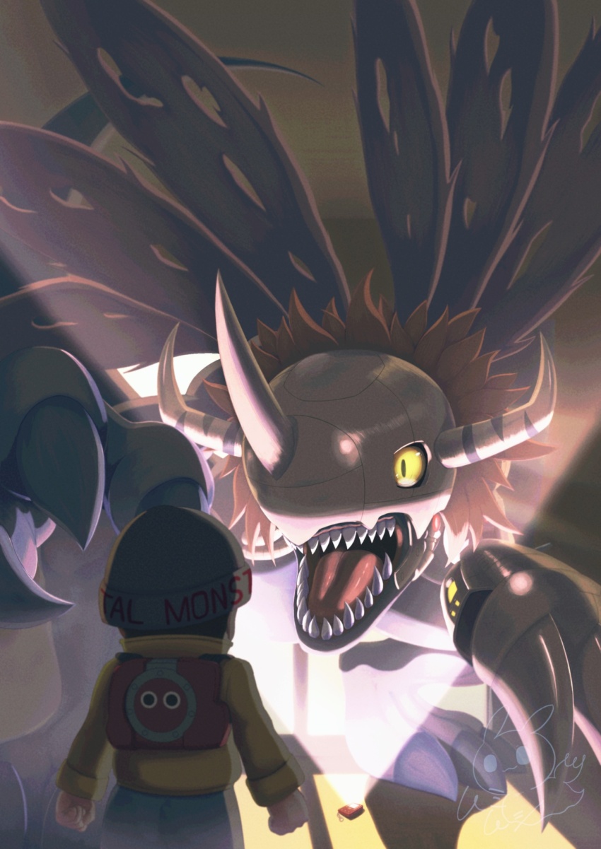 1boy beanie cyborg digimon digimon_(creature) digimon_world dinosaur hat helmet highres jacket mechanical_arms metalgreymon_(virus) mumimushi protagonist_(digimon_world) sharp_teeth single_mechanical_arm teeth torn_wings wings yellow_jacket