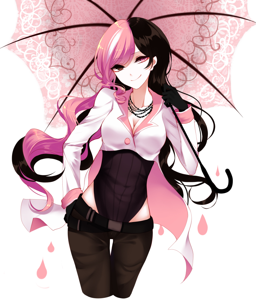 1girl absurdres belt black_gloves breasts brown_eyes brown_hair cleavage closed_mouth collarbone female_focus gloves hand_on_own_hip heterochromia highres jewelry leotard leotard_under_clothes long_coat long_hair looking_at_viewer multicolored_hair necklace neopolitan_(rwby) pants pink_eyes pink_hair rwby sheya simple_background smile solo split-color_hair two-tone_hair umbrella white_background white_hair