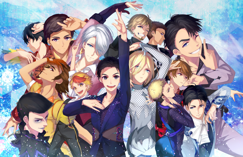 10s 6+boys arm_up ascot beard black_hair blonde_hair blue_eyes bodysuit brown_eyes brown_hair christophe_giacometti emil_nekola eyes_visible_through_hair eyeshadow facial_hair gari_(apollonica) georgi_popovich gloves green_eyes grey_eyes grin highres it&#039;s_j.j._style! jean-jacques_leroy ji_guang-hong katsuki_yuuri lee_seung-gil leo_de_la_iglesia makeup male_focus michele_crispino minami_kenjirou multicolored_hair multiple_boys one_eye_closed open_mouth orange_gloves otabek_altin phichit_chulanont red_hair silver_hair smile sparkle two-tone_hair viktor_nikiforov yuri!!!_on_ice yuri_plisetsky