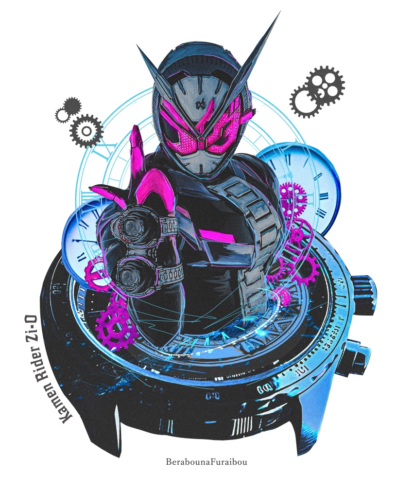 1boy absurdres analog_clock artist_name black_bodysuit bodysuit character_name clock clock_hands commentary_request facing_viewer fake_horns gears helmet highres horned_helmet horns index_finger_raised kamen_rider kamen_rider_zi-o kamen_rider_zi-o_(series) male_focus obakelope0530 pointing pointing_up rider_watch simple_background solo tokusatsu upper_body v-fin white_background