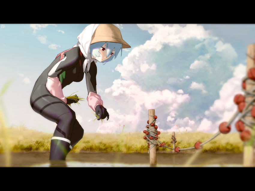 1girl ayanami_rei black_bodysuit blue_hair blue_sky bodysuit closed_mouth day evangelion:_3.0+1.0_thrice_upon_a_time farming hat highres kips leaning_forward mecha_pilot_suit neon_genesis_evangelion outdoors partially_submerged plugsuit_(evangelion) rebuild_of_evangelion red_eyes short_hair sky solo standing straw_hat water