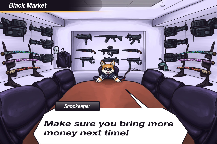 1boy absurdres arms_on_table assault_rifle black_market black_suit bullpup chair cigar clothes_hanger dog double-barreled_shotgun english_text fake_screenshot fim-92_stinger formal_clothes gun h&amp;k_mp5k helmet highres holding holding_cigar infinitebrians iwi_tavor jacket jason_voorhees katana leather leather_jacket man-portable_air-defense_system mask meme missile_launcher necktie office_chair red_necktie rifle rocket_launcher round_eyewear sheath sheathed shin_megami_tensei shin_megami_tensei_iv shotgun signature speech_bubble submachine_gun suit sunglasses swivel_chair sword table uzi weapon weapon_on_wall welsh_corgi wooden_table