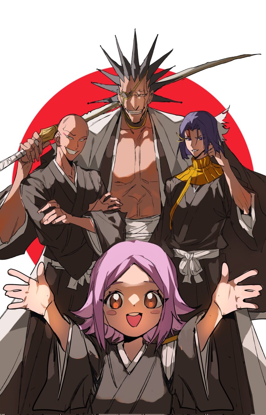 1girl 3boys :d abs ayasegawa_yumichika bald belt black_hair black_kimono bleach brown_eyes commentary corrupted_twitter_file eyepatch grin haori highres holding holding_sword holding_weapon japanese_clothes katana kimono kusajishi_yachiru large_pectorals madarame_ikkaku multiple_boys muscular muscular_male open_clothes open_kimono open_mouth outstretched_arms over_shoulder pectorals purple_hair scar scar_across_eye scar_on_face smile spiked_hair standing sword sword_over_shoulder teeth upper_teeth_only weapon weapon_over_shoulder white_belt white_haori xi_luo_an_ya zaraki_kenpachi