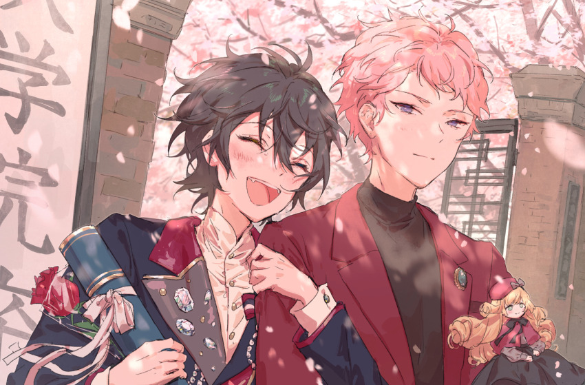2boys black_hair black_jacket black_shirt blue_eyes cherry_blossoms closed_eyes closed_mouth diploma_tube ensemble_stars! graduation hair_between_eyes itsuki_shu jacket kagehira_mika long_sleeves looking_at_viewer mademoiselle_(ensemble_stars!) male_focus multiple_boys open_clothes open_jacket open_mouth outdoors pink_hair purple_eyes red_jacket shirt short_hair valkyrie_(ensemble_stars!) yutsumoe