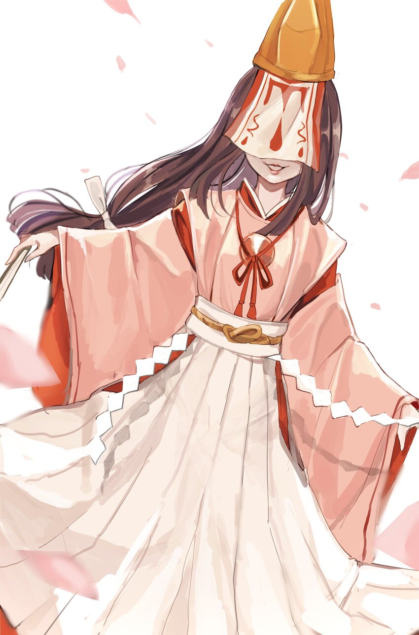 1girl absurdres blunt_ends bow brown_hair covered_eyes falling_petals feet_out_of_frame folded_fan folding_fan hair_bow hakama half_mask hand_fan hat highres hoge_(n8sss) holding holding_fan identity_v japanese_clothes kariginu kimono long_hair low-tied_long_hair mask michiko_(identity_v) michiko_(rainmaker)_(identity_v) official_alternate_costume parted_lips petals red_kimono smile solo tate_eboshi white_background white_bow white_hakama
