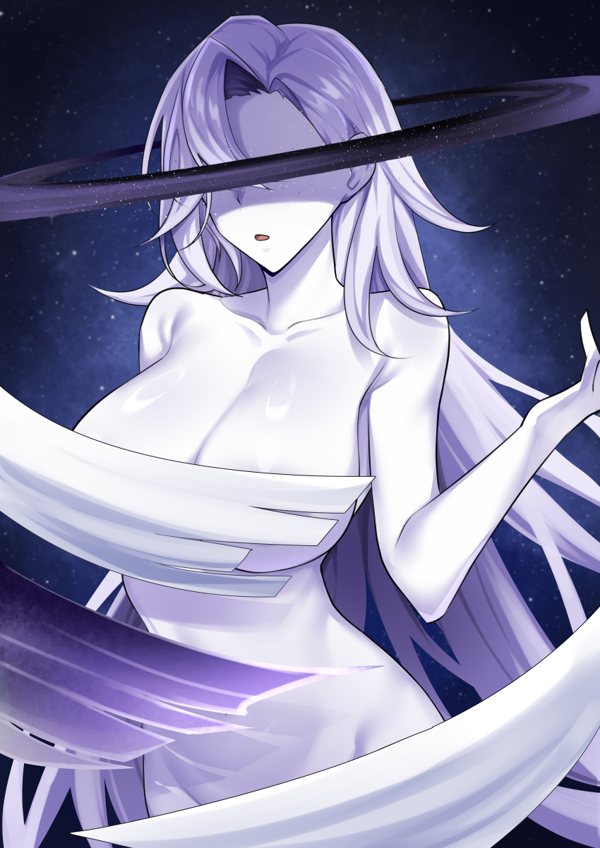 1girl absurdres breasts celenova collarbone commentary convenient_censoring highres honkai:_star_rail honkai_(series) huge_breasts limelam06 long_hair nude paid_reward_available pale_skin parted_lips planetary_ring single_hair_intake sky solo space star_(sky) starry_sky stomach very_long_hair white_hair