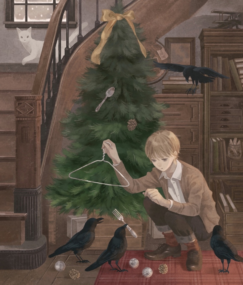 1boy animal banister bird black_footwear black_pants book bow cat christmas christmas_ornaments christmas_tree clothes_hanger crow fork globe highres indoors kogaayumi light_brown_hair male_focus original pants pinecone red_socks rug shelf shoes short_hair socks spoon squatting stairs window yellow_bow