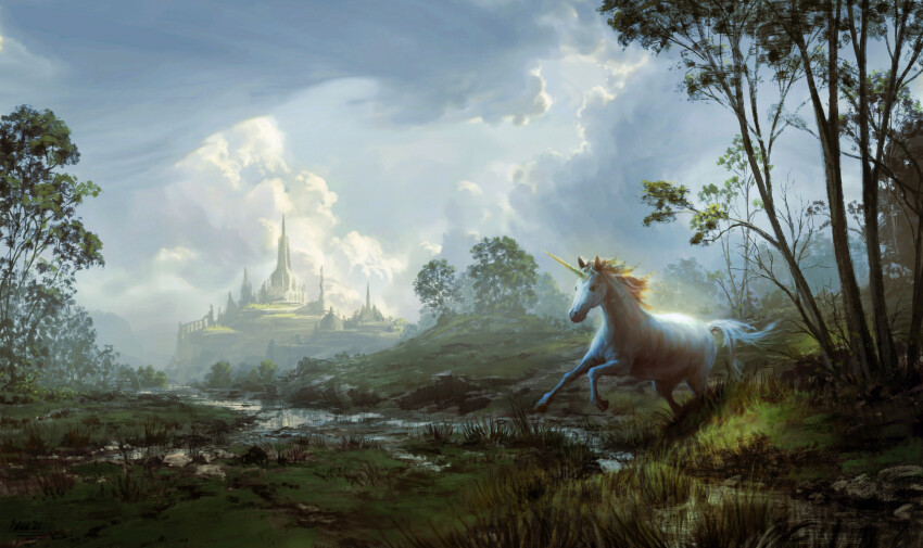 animal blue_sky castle cloud cloudy_sky commentary day english_commentary fantasy grass highres hill horse krita_(medium) landscape original outdoors philipp_urlich puddle rock scenery signature sky stream sunlight tower tree unicorn water white_horse