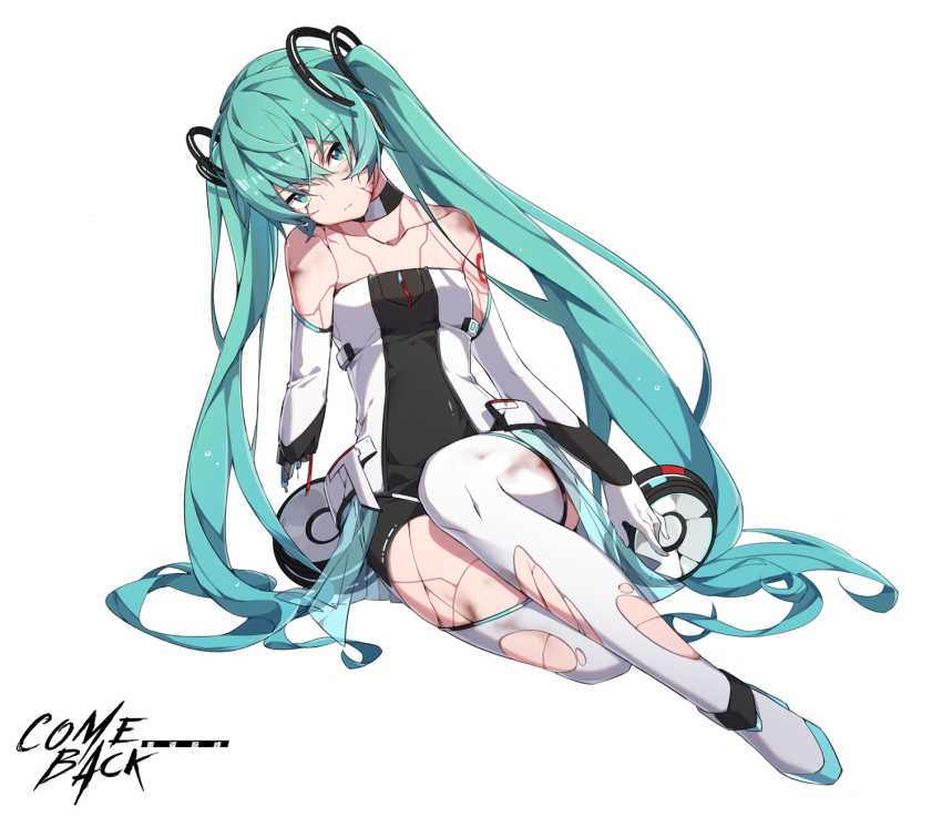 1girl android aqua_eyes aqua_hair female_focus hair_ornament hatsune_miku hatsune_miku_(vocaloid4)_(chinese) highres long_hair oyo_hitsuji simple_background sitting skirt sleeveless solo thighhighs twintails very_long_hair vocaloid white_background