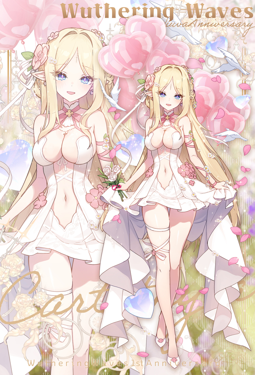 1girl alternate_costume apple_caramel bare_shoulders blonde_hair blue_eyes breasts cartethyia_(wuthering_waves) center_opening commentary copyright_name dress earrings english_commentary flower hair_flower hair_ornament happy_anniversary highres holding holding_flower jewelry large_breasts leg_ribbon long_hair looking_at_viewer navel pink_flower pink_pupils pointy_ears ribbon rose shoes sidelocks smile solo stomach tacet_mark_(wuthering_waves) thigh_ribbon very_long_hair white_dress white_flower white_ribbon white_rose white_shoes wuthering_waves