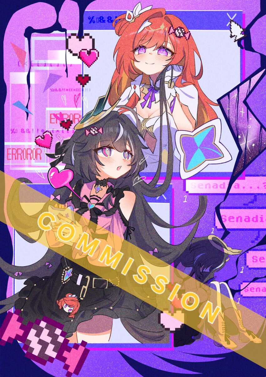 2girls absurdres black_dress black_hair blue_eyes blush candy character_charm character_name charm_(object) closed_mouth commentary commission dress error_message food gloves grey_hair hair_intakes head_on_hand heart highres holding_another&#039;s_hair honkai_(series) honkai_impact_3rd leylah_(honkai_impact) long_hair multicolored_eyes multicolored_hair multiple_girls one_side_up open_mouth orange_hair pic_p_p pink_eyes pixel_heart purple_eyes senadina senadina_(cocoon_of_unwoven) smile streaked_hair two-tone_hair watermark white_gloves yellow_eyes