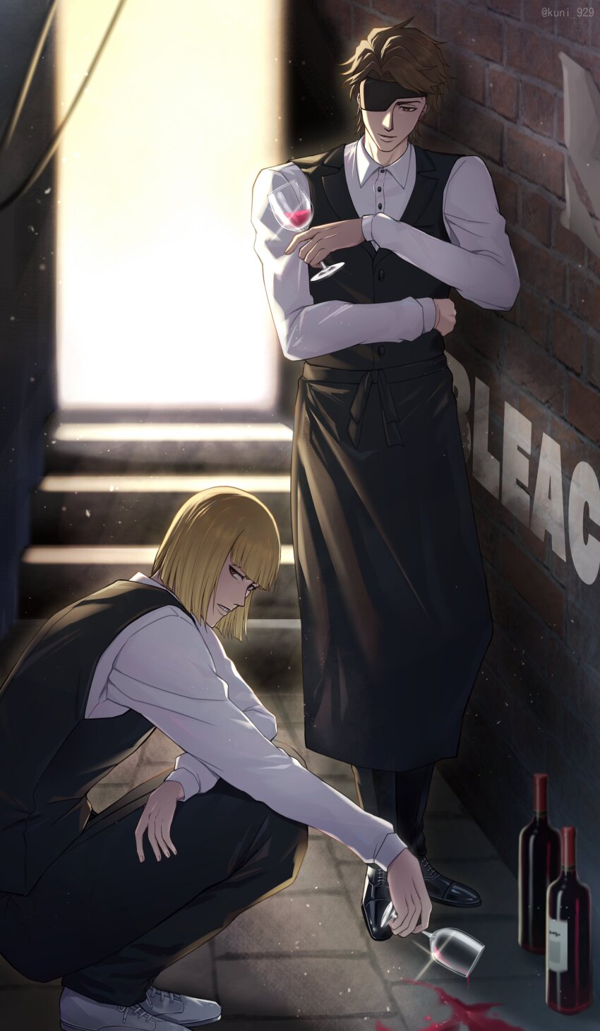 2boys absurdres aizen_sousuke alternate_costume backlighting black_shoes bleach bleach:_sennen_kessen-hen blonde_hair blunt_bangs bottle brick_wall brown_eyes brown_hair closed_mouth collared_shirt commentary copyright_name cup day drinking_glass eyebrows_hidden_by_hair eyepatch frown full_body glint highres hirako_shinji holding holding_cup kuni_929 long_sleeves looking_at_viewer male_focus mature_male medium_hair multiple_boys one_eye_covered outdoors shirt shoes short_hair smile spiked_hair squatting standing straight_hair teeth tsurime white_shirt white_shoes wine_bottle wine_glass