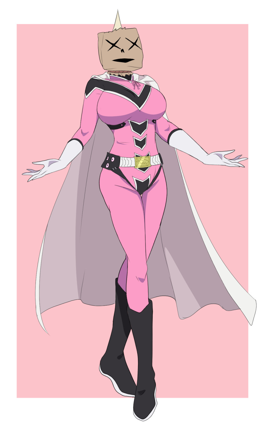 1girl bag_on_head boots border breasts cape doojang gloves highres hwalipon large_breasts long_sleeves pants pink_background pink_keeper pink_pants pink_shirt sakurama_sesera sentai_daishikkaku shirt simple_background white_border white_cape white_gloves
