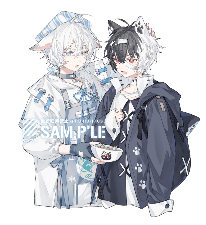 2boys anchun_(quail0503) animal_ear_tattoo animal_ears antenna_hair backpack bag bandaged_chest bandaged_head bandages beret black_bag black_choker black_gloves black_hair black_jacket black_shirt black_sleeves blue_eyes blue_overalls blue_ribbon bowl cat_ears chinese_commentary choker collarbone collared_shirt commentary_request commission cropped_legs cross-laced_clothes cross-laced_top fangs fingerless_gloves gloves hand_on_own_chest hat highres holding holding_bowl hood hood_down hooded_jacket hoodie jacket long_sleeves male_focus multicolored_hair multiple_boys open_clothes open_jacket open_mouth original overalls paw_print paw_print_pattern paw_print_tattoo puffy_long_sleeves puffy_sleeves rabbit_ears red_eyes ribbon sample_watermark sardine shirt simple_background sleeves_past_wrists striped_clothes striped_headwear two-tone_hair two-tone_shirt vertical-striped_clothes vertical-striped_headwear watermark white_background white_hair white_hat white_hoodie white_jacket white_shirt white_sleeves