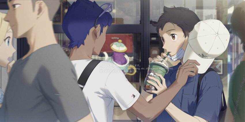 1girl 4boys alternate_costume breast_pocket brown_eyes brown_hair commentary_request creatures_(company) cup dark-skinned_male dark_skin disposable_cup drinking drinking_straw game_freak gen_8_pokemon glass grey_shirt hand_up hat highres holding holding_unworn_clothes holding_unworn_hat hop_(pokemon) looking_at_another mask_pull multiple_boys nintendo pocket pokemon pokemon_(creature) pokemon_swsh polteageist purple_hair sankaku shirt short_hair short_sleeves strap twitter_username unworn_hat unworn_headwear victor_(pokemon) watermark white_shirt window