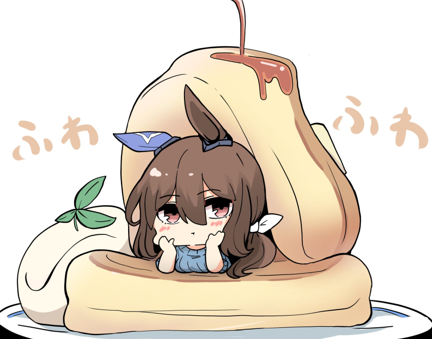 1girl :t admire_vega_(umamusume) blue_sweater breasts brown_hair closed_mouth food hair_between_eyes hair_ribbon highres in_food kawamochi_(kawauti919) looking_at_viewer low_ponytail medium_breasts pancake plate ponytail red_eyes ribbed_sweater ribbon short_sleeves simple_background solo sweater translation_request umamusume white_background white_ribbon