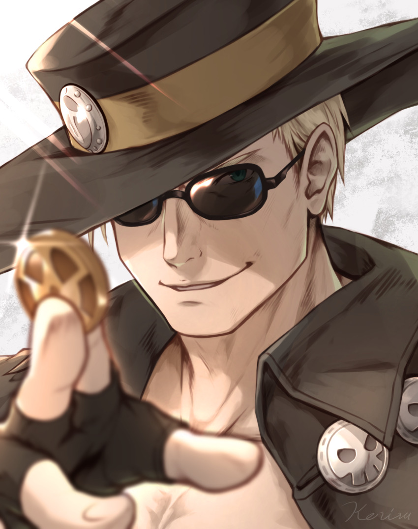 1boy artist_name black_gloves black_hat blonde_hair blurry blurry_foreground coin commentary_request fingerless_gloves glint gloves guilty_gear guilty_gear_strive hat highres holding holding_coin johnny_(guilty_gear) khell male_focus pectorals short_hair smile solo sunglasses